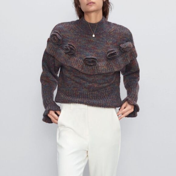 Zara Sweater Mohair Ruffle multicolor appliqué - Picture 1 of 7